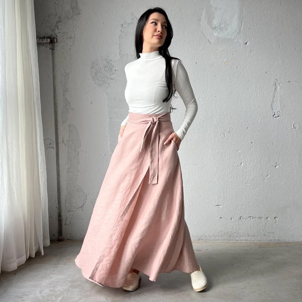 LINEN WRAP SKIRT PINK SMALL MAXI FLOOR LENGTH BULGARIAN DUSTY ROSE POCKETS
